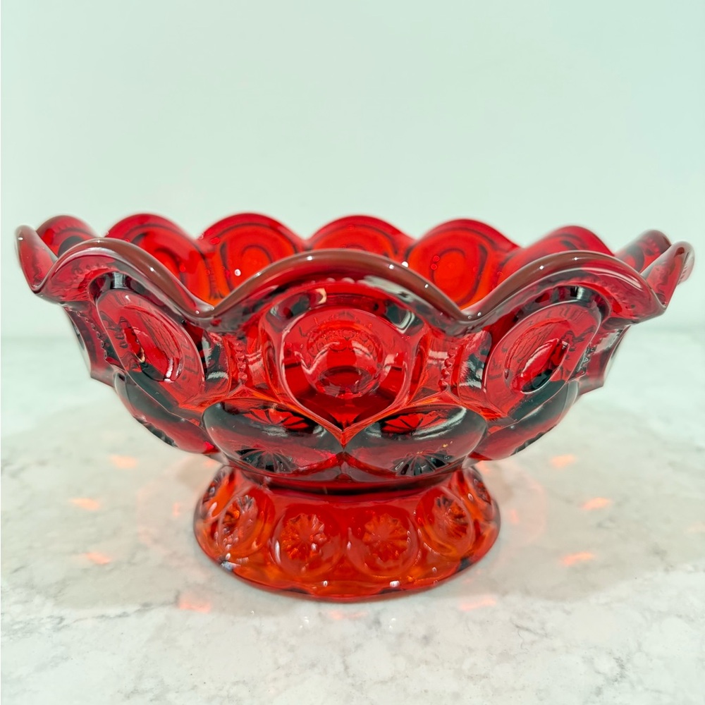 VINTAGE LE SMITH AMBERINA MOON STARS RED ORANGE COMPOTE DISH / FRUIT BOWL 10x4.5
